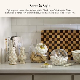 MACKENZIE-CHILDS Enamel Salt and Pepper Shakers, Kitchen Table Spice Shaker Set, Brown-and-White Mocha Check, Large
