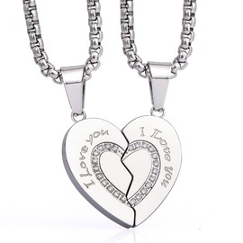 Wolentty Couple His Hers Necklaces Broken Heart Pendants Inlaid Zirconic Stone Jewelry Gift for Valentine's Day (Silver)