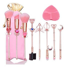 Juego de brochas de maquillaje 9 piezas Sailor Moon Golden Magic Girl brochas de maquillaje sintético premium para base de maquillaje, maquillaje, polvos para la cara, colorete, correctores, sombras de ojos, kit de brochas de maquillaje
