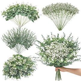 Serwalin 100 Pcs Mixed Artificial Eucalyptus Stems,Babys Breath Artificial Flowers Bulk with Faux Eucalyptus Leaves Greenery Stems for Wedding DIY Bouquets Floral Arrangement Home Decor