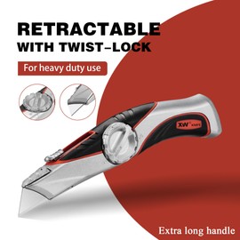 XW Heavy Duty Retractable Utility Knife with Twist Lock for Fixed Drywall Knife with Long Handle, 3 Spare Blades in Storage