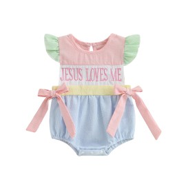 Kuriozud My First Easter Baby Girl Outfit Jesus Loves Me Romper Flying Sleeve Onesie Bodysuit Infant Girl 1st Easter Clothes (Easter Pink Blue, 0-3 Months)