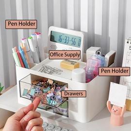 Catekro Desk Organizer with 2 Drawers, Multifunctional Pen Holder for Desk, Desk Organizer and Accessories with 5 Compartments + Drawer, Office Supplies, Dressing Table, Office, School