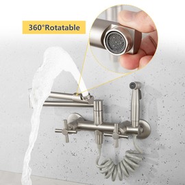 DOLGABA Wall Mount Kitchen Faucet Commercial Pot Filler 8 Inch Center 2 Handles Folding Wall Mounted Faucet for Kitchen Sink with Side Sprayer, Brushed Nickel