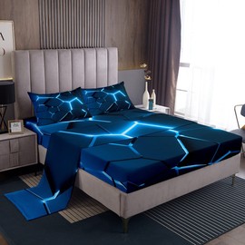 Honeycomb Bedding Set Black Hexagonal Pattern Bedding Sheet Beehive Geometrical Bed Sheets for Children Kids Boys Girls Microfiber Reticulated Plaid Bed Sheet Set Room Decor Full Size