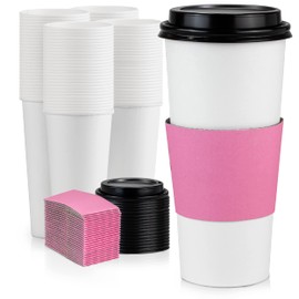Fit Meal Prep 250 Pack 24 oz Disposable Coffee Cups with Lids and Pink Sleeves, Lead-Proof Sturdy To Go Coffee Cups with Lids, Pink Hot Paper Cups for Party, Wedding, Birthday (Black Lids)