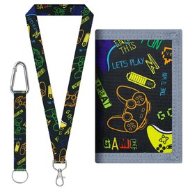 EujRcf 3 Pcs Kids Wallet Set, Tri Fold Canvas Wallets with Lanyard and Key Chain, Robust Wallet with Zip and Shoulder Strap, Children Neck Pouch with Lanyard and Key Chain for Children Birthday Gifts