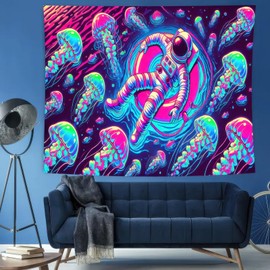 BlissYard Blacklight Tapestry Uv Reactive Tapestry Glow Tapestry 78x59 Inches Wall Tapestry Astronaut Jellyfish in Space Fluorescent Wall Hanging Neon Art Decor with Cosmic Jellyfish and Space Theme