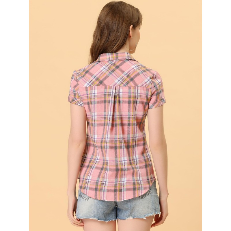 Allegra K Women's Plaid Shirts Cotton Short Sleeve Classic Button