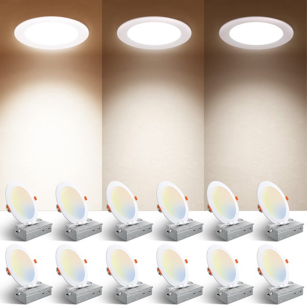 Amico 12 Pack 6 Inch 5CCT Ultra-Thin LED Recessed Light with Junction Box, 2700/3000/3500/4000/5000K & 6/9/12W Selectable, 12W=110W, Dimmable Canless Wafer Downlight, 1050LM High Brightness -ETL…