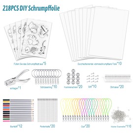Shrink Film Set 218 Pieces DIY Craft Set with A4 Translucent Shrink Film Sheets A5 Colouring Shrink Film Sheets Coloured Pencils Key Ring Hole Punch for DIY Gift Decorations