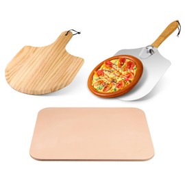 LOYIM 3 Pcs Pizza Stone Set Including 15"x 12“ large Rectangle Cordierite Stone, Wooden Peel, Aluminum Metal Peel with Foldable Wooden Handle for Baking Grill Cooking Homemade Pizza Bread BBQ