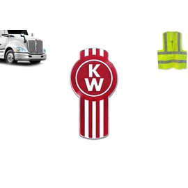 Kozak Kenworth Hood Grille Logo Emblems Badge L53-1002-10 Chrome Red Metal Flake - Fits Kenworth T680 T660 T700 T880 T800 Semi Trucks Plus Reflective Vest
