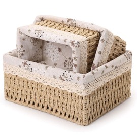 Roczential 3 Pack Wicker Baskets, Storage Basket Set, with Removable Liner for Organizing Storage Baskets for Shelves Woven Basket Decorative Basket Rectangle Basket (Square)