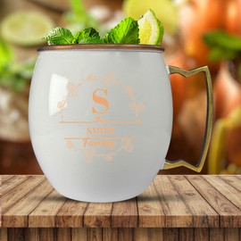 Custom Copper Moscow Mule with Smooth Painted Finish - Engraved Bar Style 100% Copper Cup with Floral Family Initial Monogram ThemedEngraving, Brass Handle | 18 oz, White | Set of 2