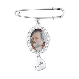 Pliwcas Grandpa Wedding Bouquet Picture Charm Wedding Memory Pin for Groom Memorial Photo Charm for Grandfather of Bride Groom Memorial Picture Frame Brooch Pin with Heart Pendant
