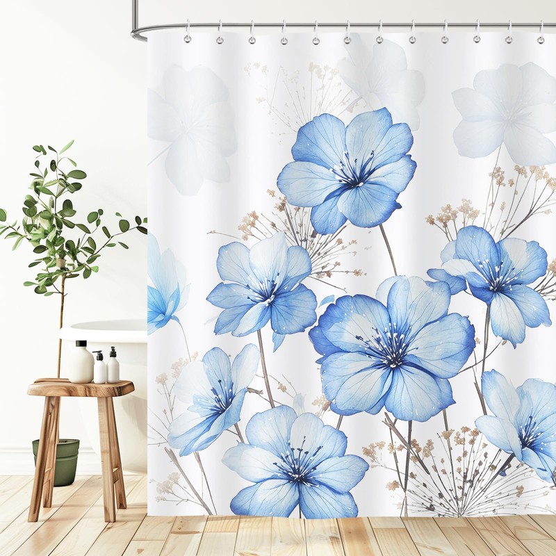 BREASOME Blue Watercolor Floral Shower Curatin Modern Artistic Flower Ink