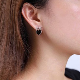 Enautoabs Minimalit Silver Bow Heart Dangle Earrings Black Enamel Heart Stud Earrings Tiny Love Heart Bow Earrings Simple Heart Drop Earrings Jewelry for Women