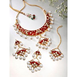 Aheli Ethnic Indian Wedding Faux Kundan Enamel Necklace Earring with Maang Tikka Set Bollywood Party Traditional Jewelry for Women