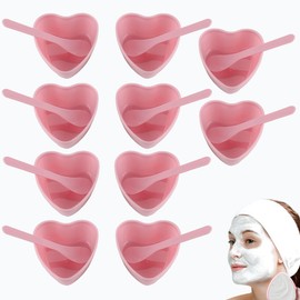 Rowcay 10 Sets Plastic Heart-Shaped Facial Mask Mixing Bowl with Spatula - Facemask Bowl DIY Skincare Tools for Women, Home & Professional Beauty Salon Use (Pink)