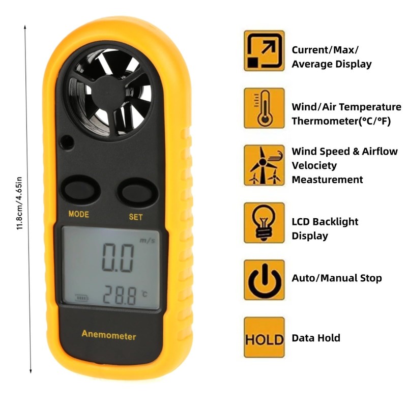Anemómetro de mano medidor de velocidad del viento, termómetro detector
