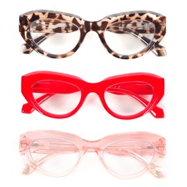 DXYXYO 3 Pack Cat Eye Reading Glasses 1.5 for Women, Stylish Thick Blue Light Blocking Readers with Spring Hinge, Red+demi+champagne