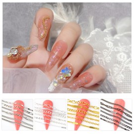 XEAOHESY 4 Packs of 24 Pieces Gold Silver Black Metal Nail Chains for Nail Art Alloy Punk Nail Art Chains Gold Silver Nail Charms 3D Nails Supply Nail Art Chains for Women Nail Art