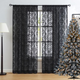 Abstractex Black Lace Net Curtains 54 Inches Long Damask Floral Sheer Panels for Bedroom Luxury Vintage Light Filtering Victorian Rod Pocket Window Treatment Sets for Living Room, 54" W 2 Panels