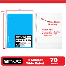 ENVO Spiral Notebook, 1 Subject, Spiral Notebook Wide Ruled, Spiral Notebook 8 x 10.5, Notebooks Bulk, School Supplies, Office Supplies, 70 Sheets, (48, Wide Ruled)