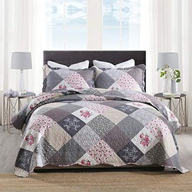 HoneiLife Quilt Set Queen Size - 3 Piece Microfiber Quilts Reversible Bedspreads Patchwork Coverlets Floral Bedding Set All Season Quilts-Grey Rose,Queen/Full Size
