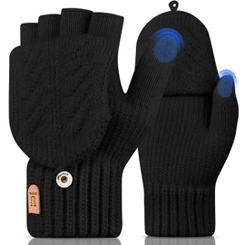 UKNOWISA Fingerless Gloves Thermal Winter Gloves Knitted Gloves Flap Touchscreen Running Cycling Driving Without Fingers Warm Men Women, black