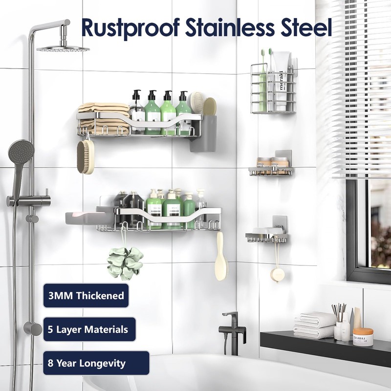 NESOMI Shower Caddy Adhesive Shower Organizer 7-Pack, Rustproof Stainless Steel