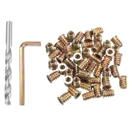 sourcing map 1/4-20 x 15mm Threaded Inserts for Wood, 50pcs Threaded Inserts Nuts, Wood Insert Nuts with Hex Wrench and Drill Bit, Silver Tone