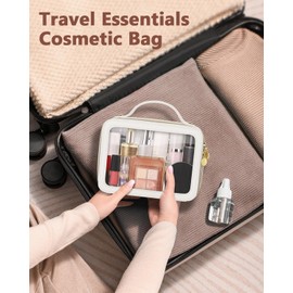 Soimeat Clear Makeup Bag, Portable Travel Cosmetic Bags, Multipurpose Leather Toiletry Bag with Zipper, Waterproof Transparent Cosmetic Organizer for Women, Medium, Beige