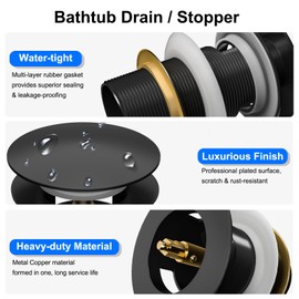 Fibetter Pop-up Drain for Freestanding Tub, Black Free Standing Bathtub Drain Stopper Fits Most Freestanding Tubs, CUPC Certification (Matte Black)