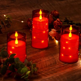 Amagic Red Flameless Candles 3 Set, Flickering Battery Operated Candles Embedded Fairy String Light, Realistic Pillar Candle with Remote Control and Timer, Acrylic, D3 x H4 5" 6"