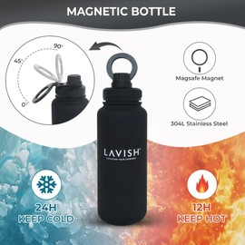 LAVISH Magnetic Bottle | Insulated Water Bottle With Magnetic Phone Holder Compatible with MagSafe | 32oz Stainless Steel, BPA-Free | Tripod Bottle for Selfie Fitness & Crossfit (Black)