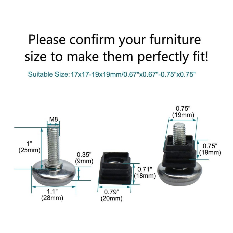 sourcingmap Adjustable Feet 20 x 20mm Inserts Furniture Table Glide