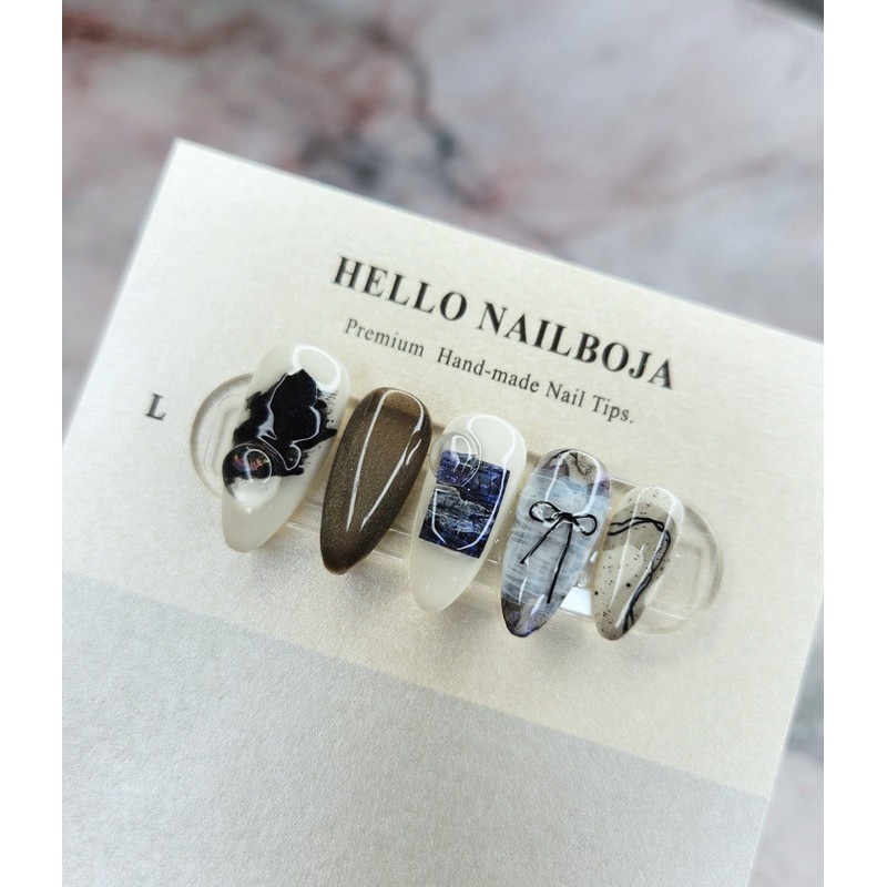 HELLO. Ribbon ink painting nail - long stiletto / HELLO.리본먹그림네일