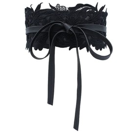 Women's Lace Flower Waist Belt Bow Tie Wrap Around Soft Leather Boho Corset Sweet Elegant for Dresses, Black, Plus Size