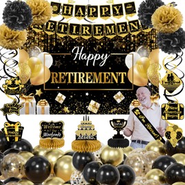 88pcs Retirement Party Decorations for Men Women,Black Gold Balloons Arch kit,Gold Retirement Banner, Backdrop,Honeycomb Centerpiece Hanging Swirl Paper Pompoms Retired Sash