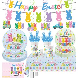 124pcs Easter Party Decorations Set Include Happy Easter Banner Chillin with My Paper Plates and Napkins,Paper Cups,Plastic Tablecloth and Forks,Hanging Swirls, for 20 Guests