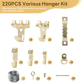 Picture Hanging Kit 220 PCS, Heavy Duty Frame Picture Hangers Hardware Kit, with Picture Hooks, D Rings, Sawtooth Hangers, Screws, Nails, Wires(Gold)