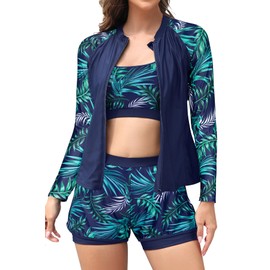 SHEKINI Women's 3-Piece Zip Rash Guard Swimsuits with Tank Bikini Top for High Waist Boyshort, Deep blue print