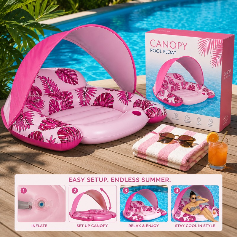Inflatable Pool Lounge Float for Adults – UPF50+ Canopy, Cup