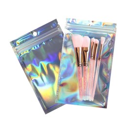 100 PCS Holographic Packaging Bags ziplock bags for small business, Resealable Smell Proof Food Bags Foil Storage Baggies with Clear Window, Heat Sealable Bags for Foods, Jewelry, Lipgloss, Eyelash (5.9x8.7inch)