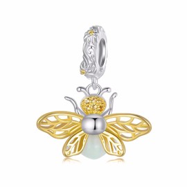 Qings Luminous Firefly/Bee Dangle-Charm 925 Sterling Silver Glow in The Dark Pendant for Necklaces or Bracelets Cute Animals Bead Charms Jewelry Gift for Women Girls, Sterling Silver Stone, Cubic