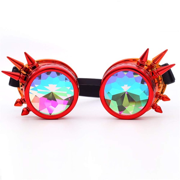 DPLUS Kaleidoscope Goggles - Steampunk Goggles with Spikes, Prism, Steampunk Cyber Real Crystal, Rainbow, red