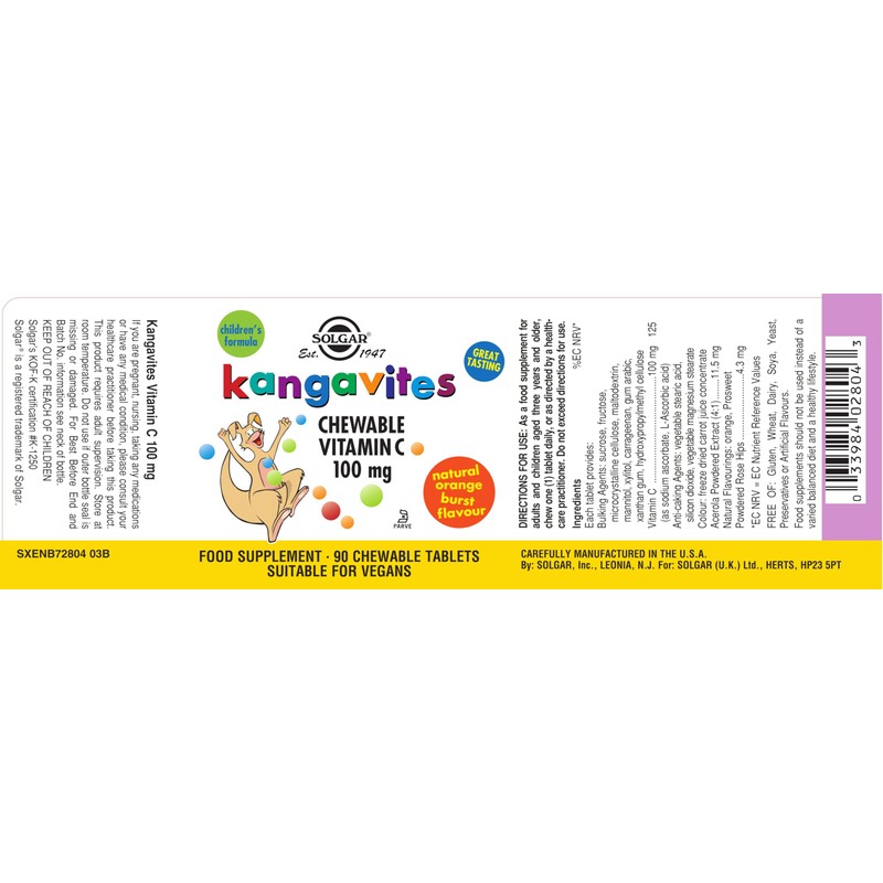 Solgar Kangavites Natural Orange Burst Vitamin C 100 mg Chewable