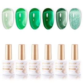 GELLEN Sheer Green Jelly Nail Polish Gel, Glass Jade Emerald Gel Polish, Transparent No Wipe Soak Off Long Lasting Glossy UV Light, 6 Colors for Women Girls Manicure Summer Christmas, 0.33 Fl.Oz